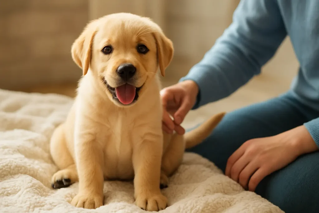 adorable-golden-retriever-getting-a-puppy-sitting-with-its-owner-at-home