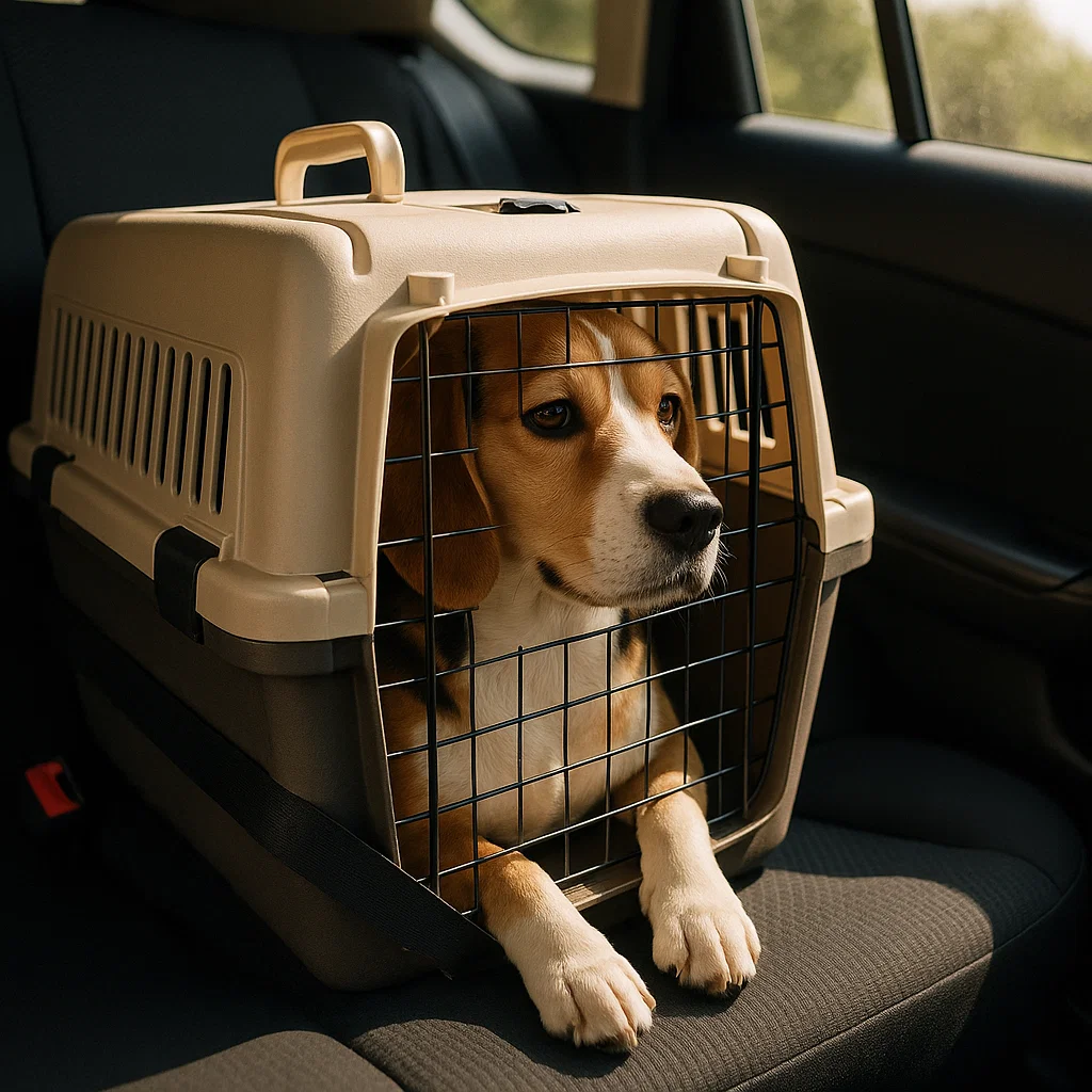 Beagle sitting in a plastic travel crate illustrating safe and comfortable travel for pets. (crates for dogs)