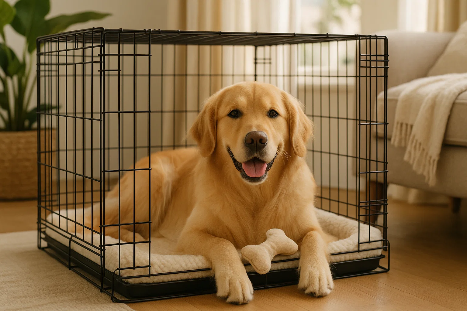 Golden Retriever resting in a cozy wire crate symbolizing comfort and safety for dogs.