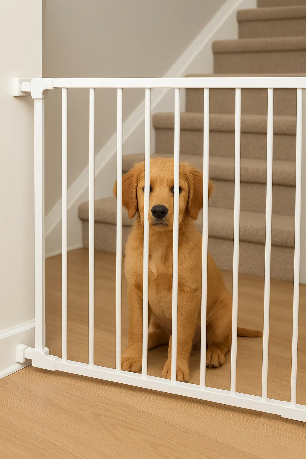 best-rated-baby-gate-for-dogs-installed-with-a-happy-puppy-nearby
