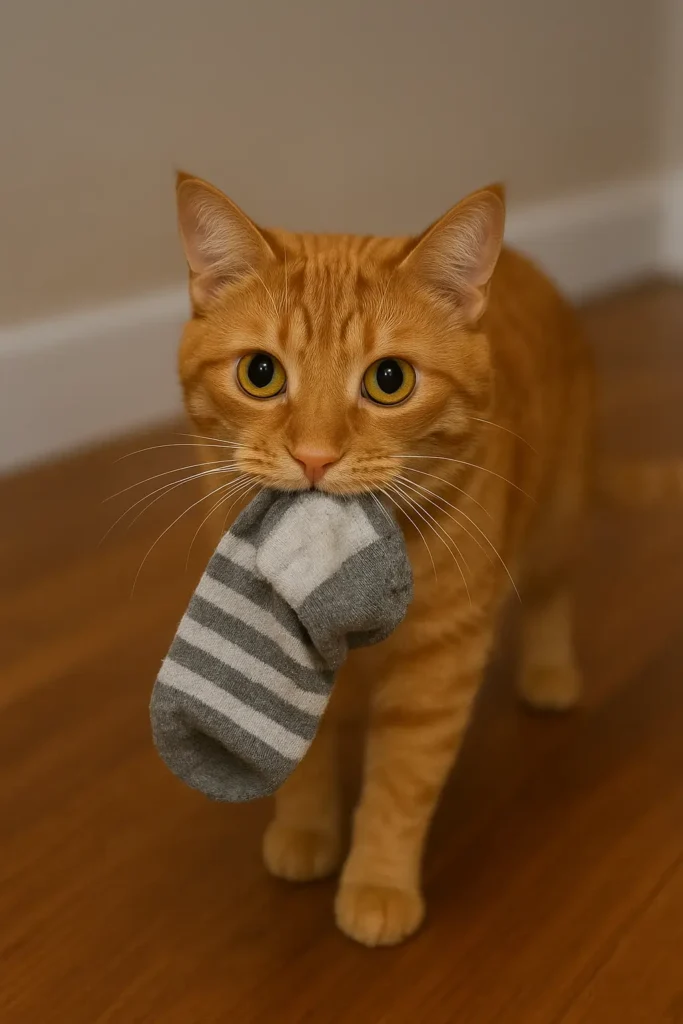 cat-a-sock-thief-orange-cat-caught-stealing-a-sock-and-looking-guilty