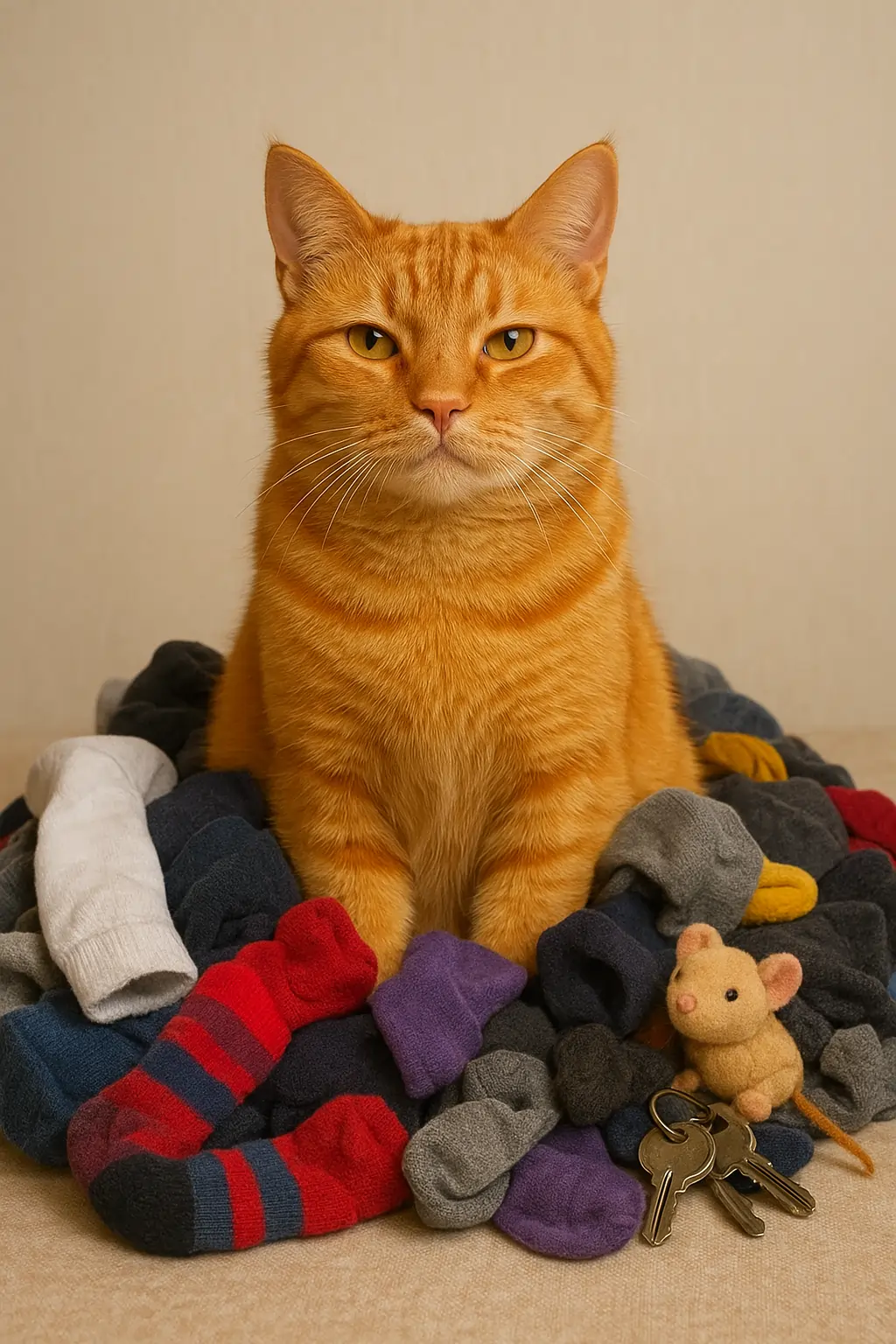 cat-sitting-proudly-next-to-a-pile-of-stolen-socks-and-random-items
