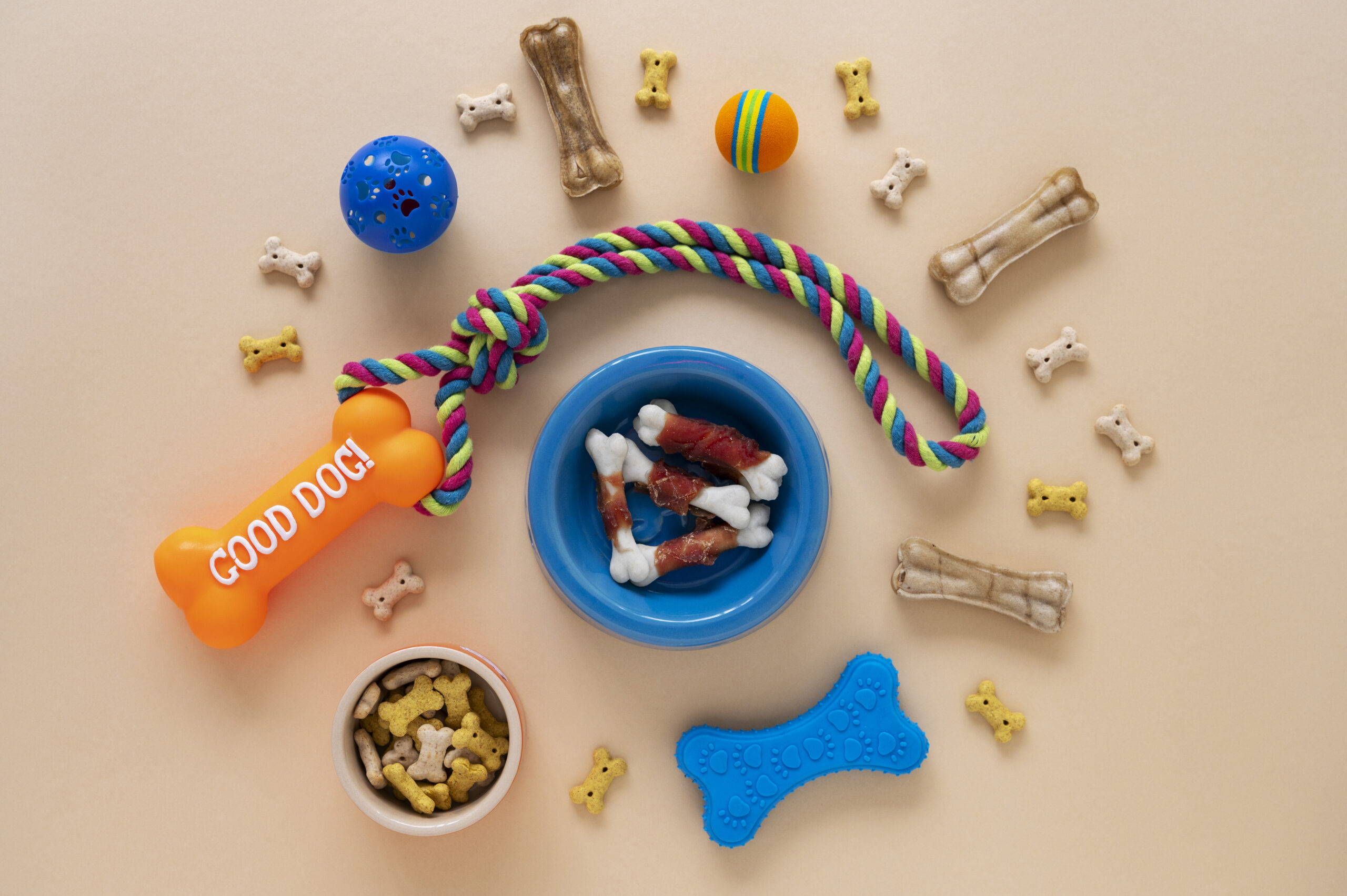 colorful dog toys and treats flat lay