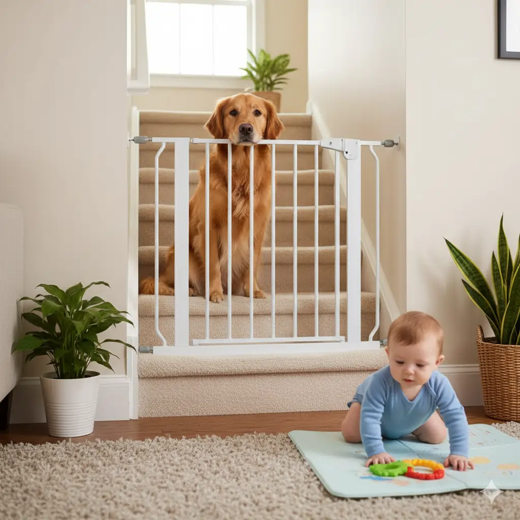 dog-safely-behind-a-baby-gate-near-stairs-to-prevent-accidents