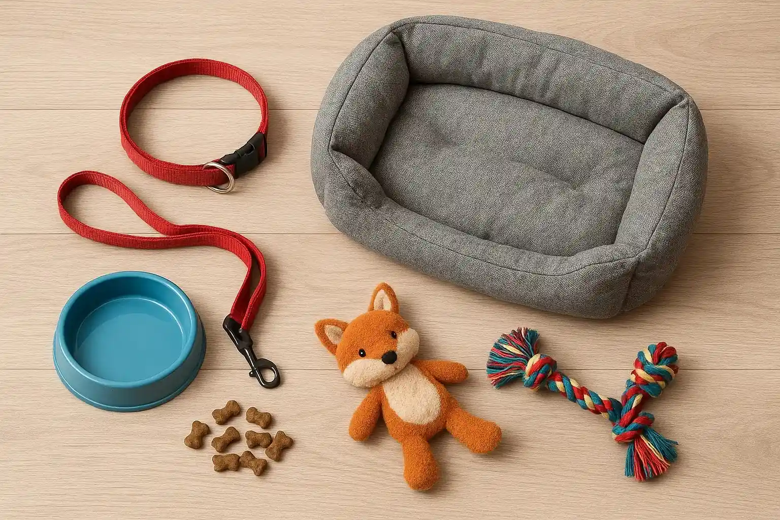 flat-lay-of-puppy-essentials-including-leash-food-bowl-toys-and-treats 
