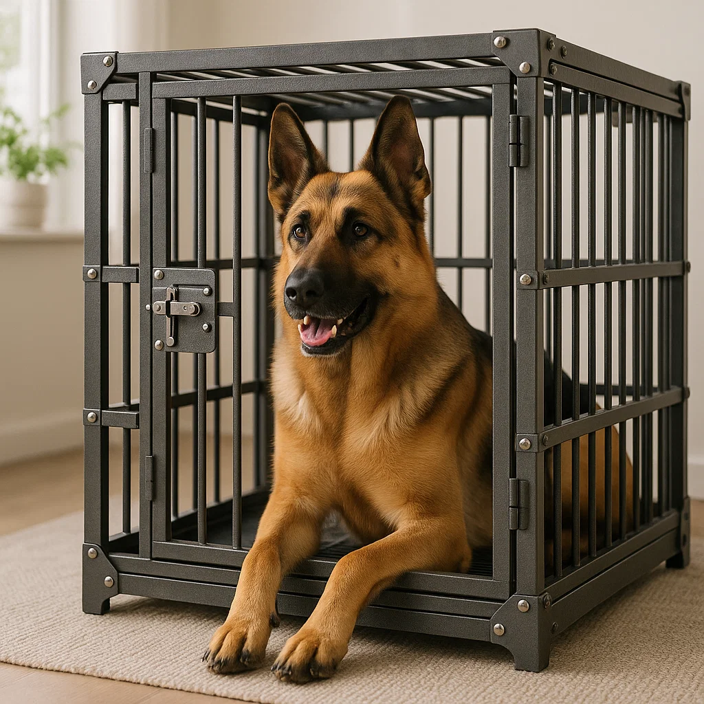 German Shepherd relaxing in a reinforced metal crate, highlighting strength and durability.