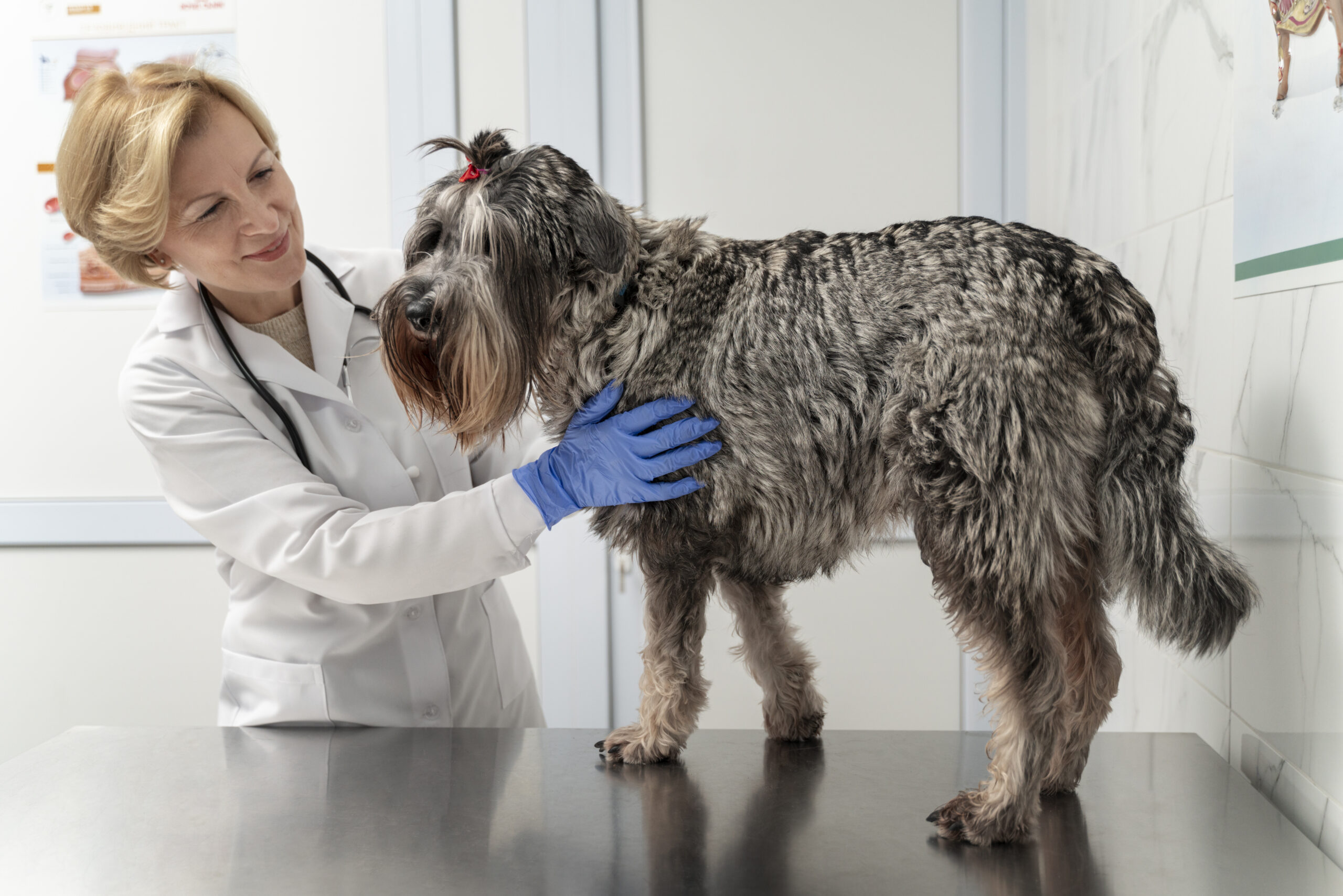 Veterinarian examining dog in clinic for flea or tick prevention
