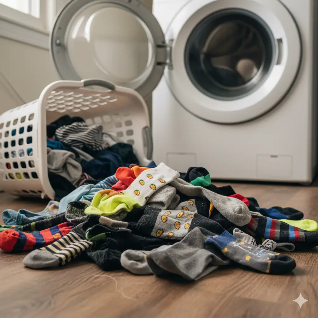 mismatched-colorful-socks-scattered-near-a-laundry-basket