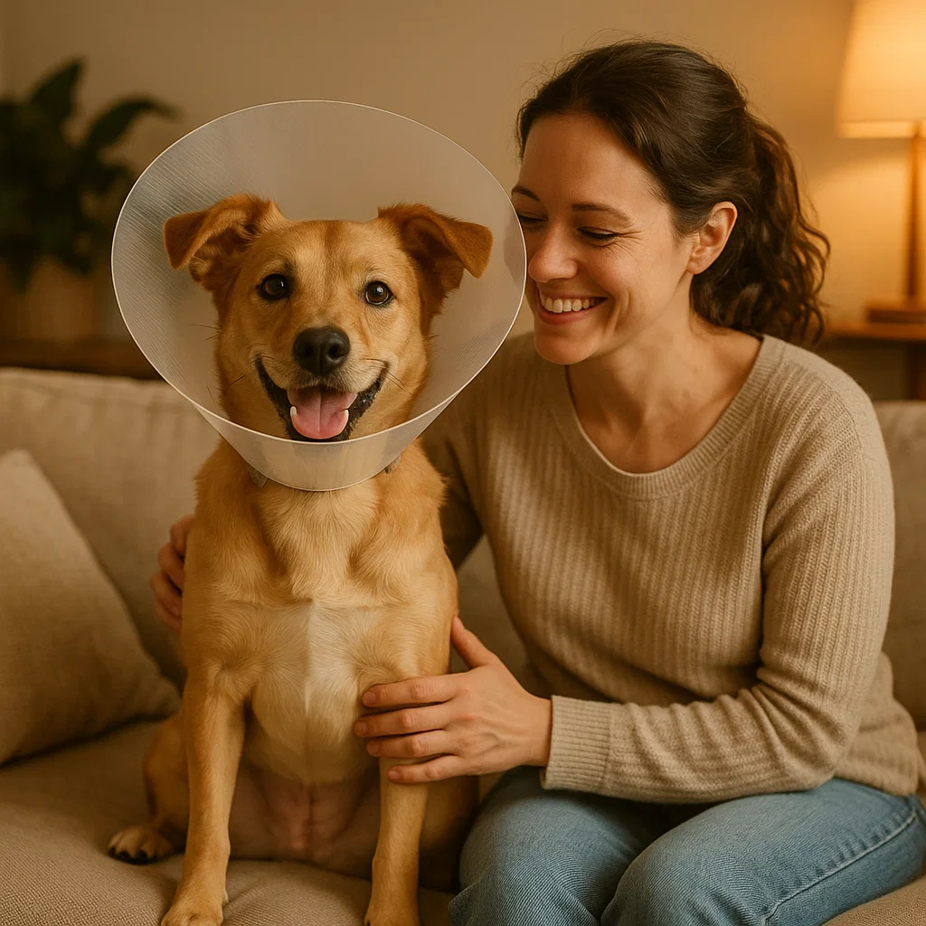 neutered pet resting beside owner