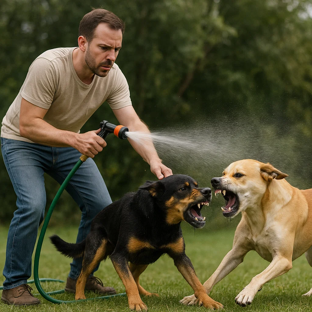 owner using water hose on fighting dogs