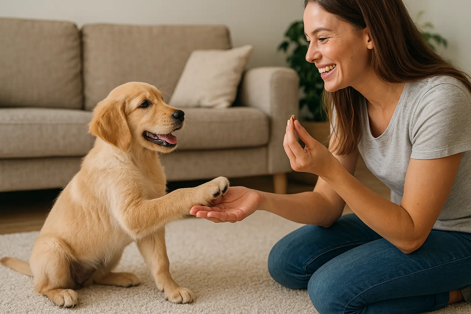 owner-training-a-pet-to-sit-using-treats-and-positive-reinforcement