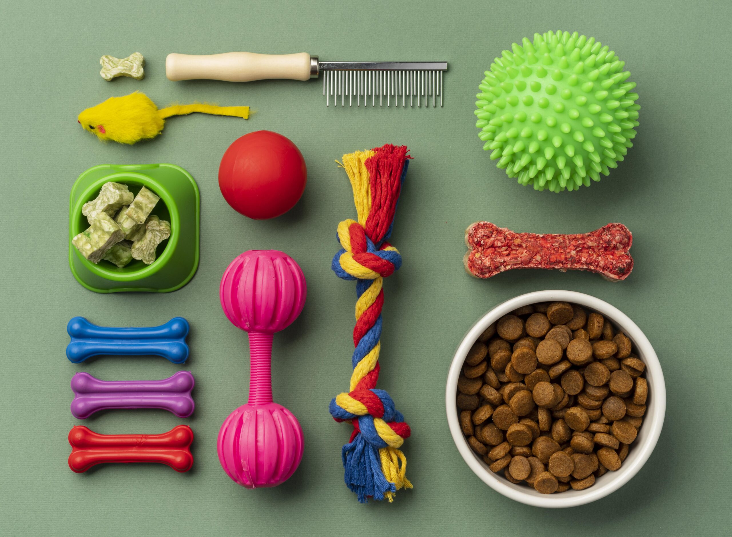 colorful dog toys and accessories on green background
