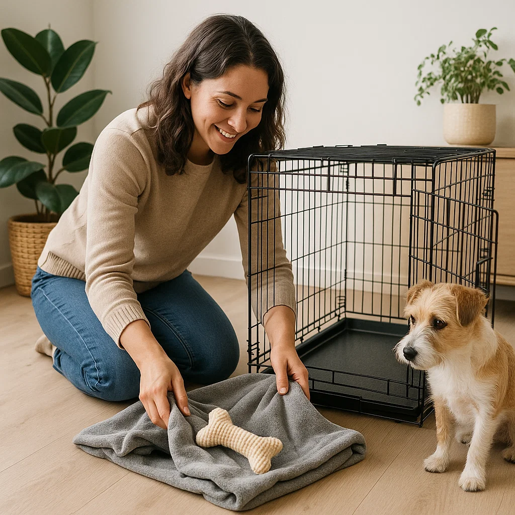 Pet owner placing bedding inside a dog crate creating a comfortable and welcoming space.