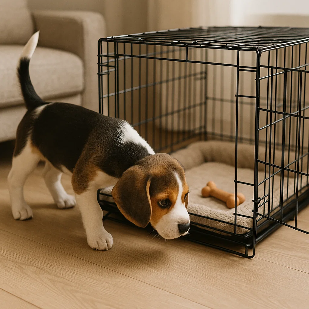 Curious puppy sniffing an open crate showing positive crate introduction for beginners.