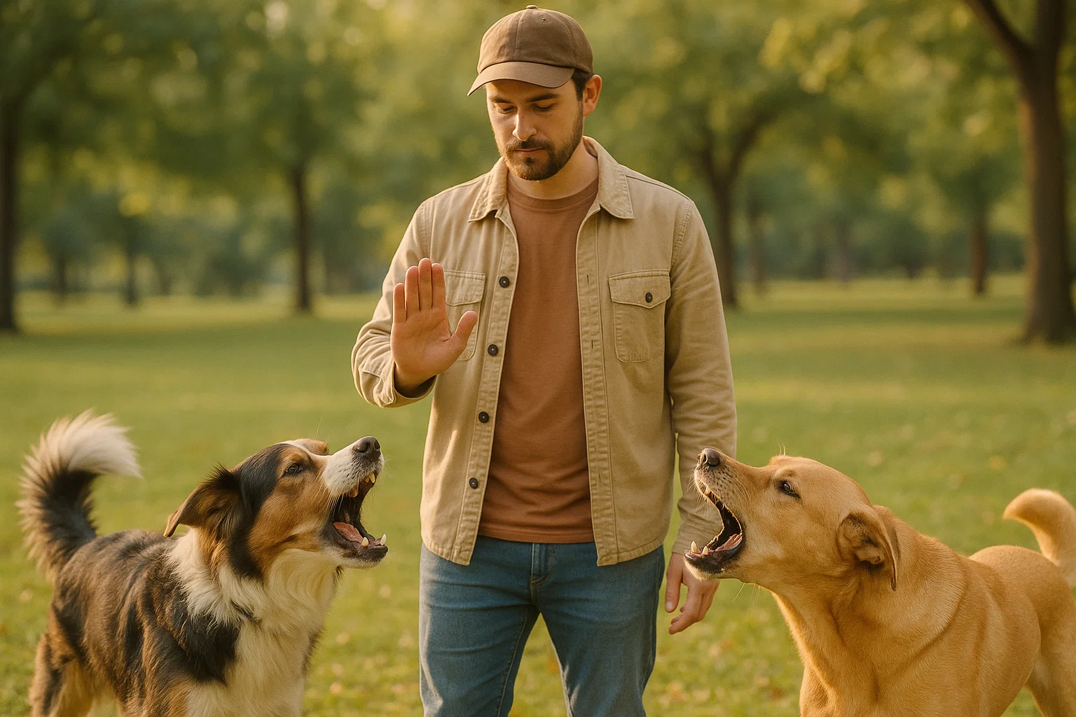 calm owner stopping dog fight outdoors