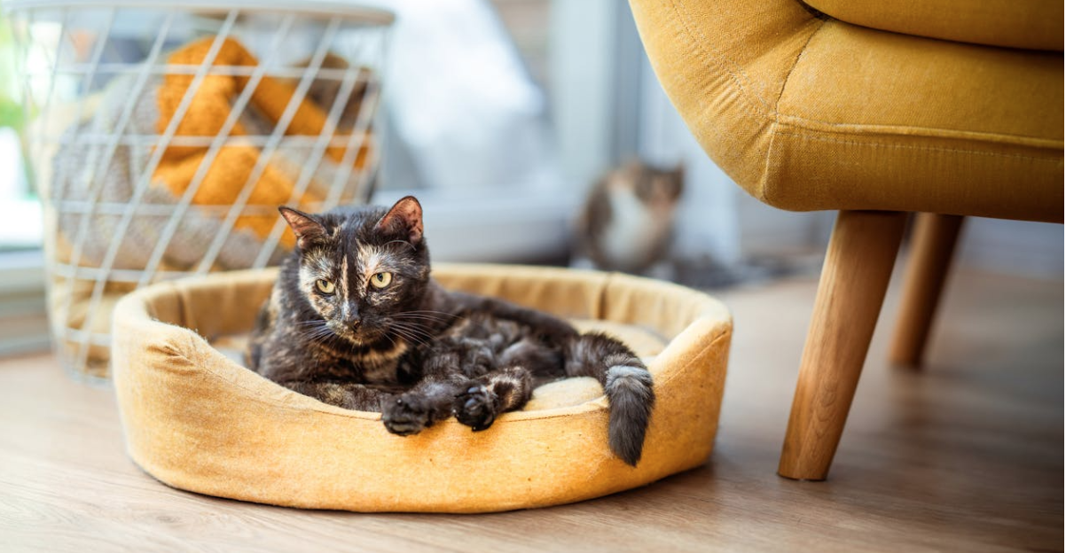 Cat lounging in a soft round pet bed by PupzCorner, adding warmth and style to the living room.