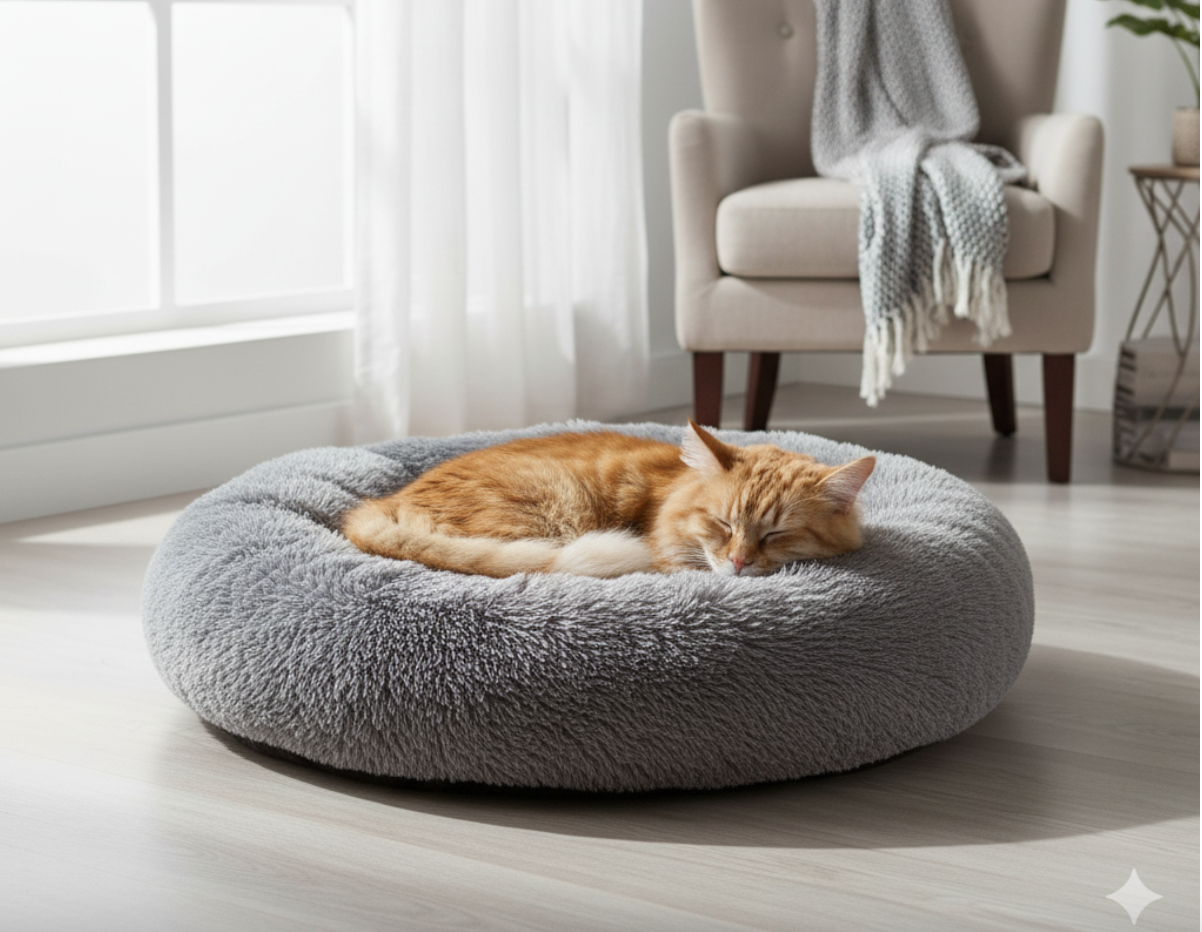 Orange tabby cat peacefully napping in a plush calming dog bed from PupzCorner, perfect for cats and dogs alike.