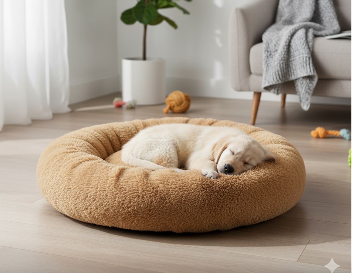 Golden retriever puppy snoozing in a round calming dog bed by PupzCorner, offering comfort and restful sleep.
