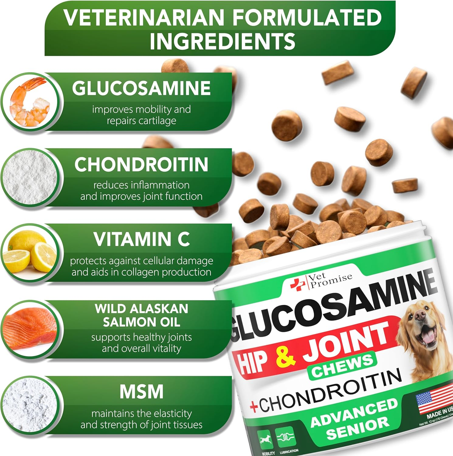 Advanced Glucosamine for Dogs - 170 Chews - Senior Hip and Joint Supplement for Dogs - Glucosamine Chondroitin - Dog Joint Health Pain Relief Pills - MSM - Mobility Support Supplement - Made in USA - Image 3