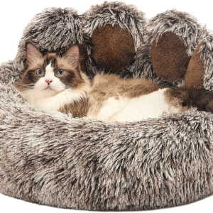 Paw Shape Calming Pet Bed, Plush Faux Fur Donut Bed for Dogs & Cats, Machine Washable, Non-Slip Bottom, Medium (22"×22"×6"), Gray