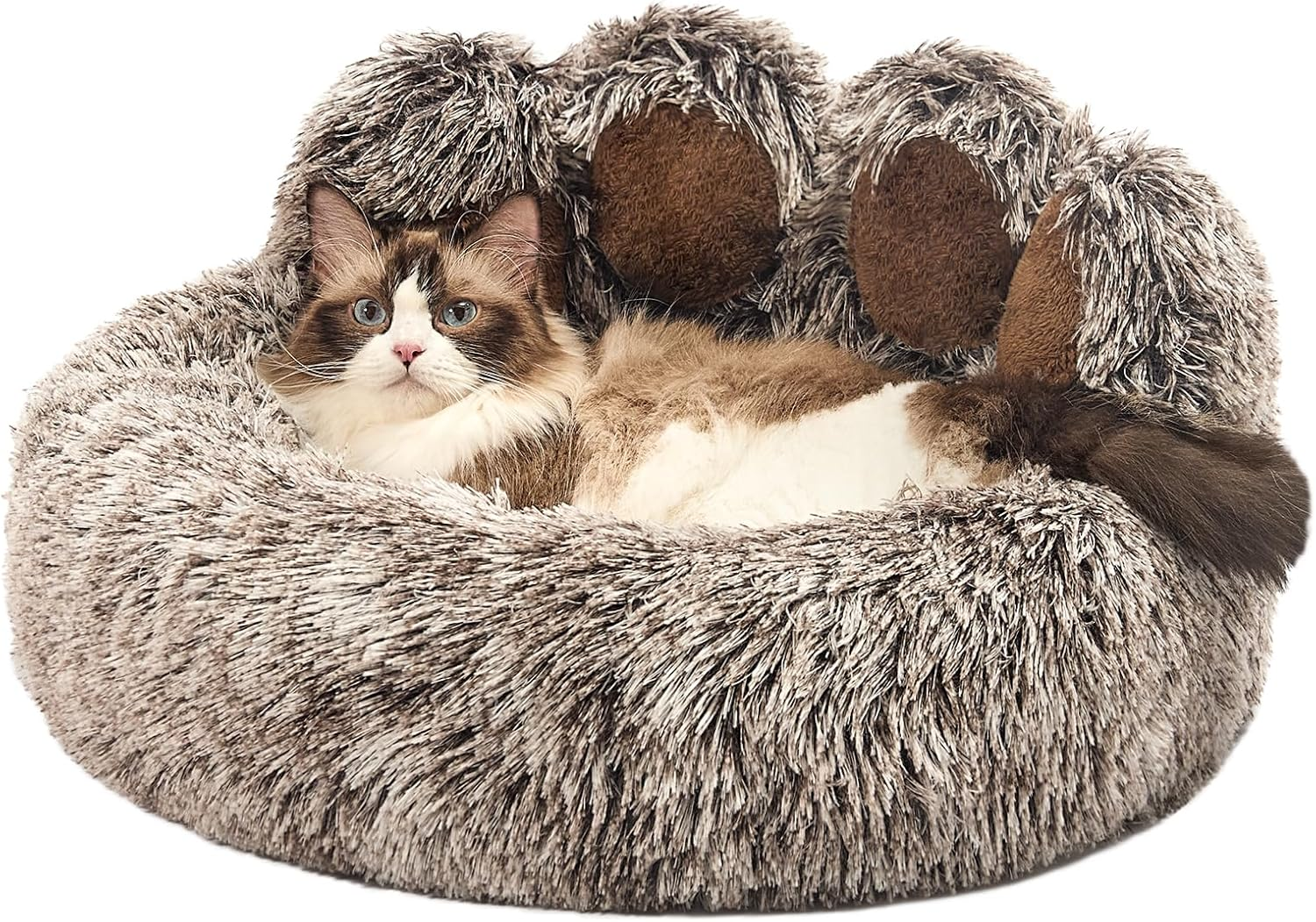 Paw Shape Calming Pet Bed, Plush Faux Fur Donut Bed for Dogs & Cats, Machine Washable, Non-Slip Bottom, Medium (22"×22"×6"), Gray