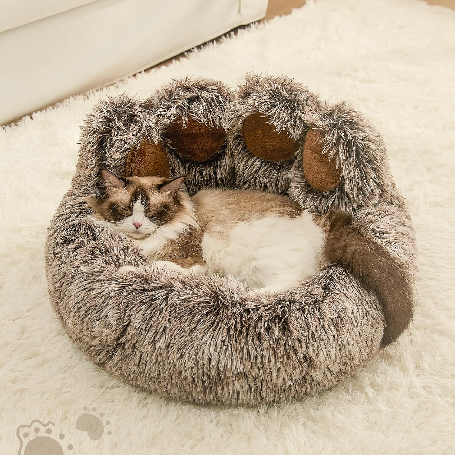 Paw Shape Calming Pet Bed, Plush Faux Fur Donut Bed for Dogs & Cats, Machine Washable, Non-Slip Bottom, Medium (22"×22"×6"), Gray - Image 4
