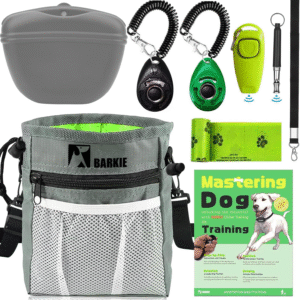 Dog Training Kit - Treat Pouch, Pet Training Fanny Pack, 2 Puppy Training Clickers, Ultrasonic Silent Whistle, 2-In-1 Whistle Clicker, Clicker Training Guide Booklet, Dog Poop Bag (Grey)