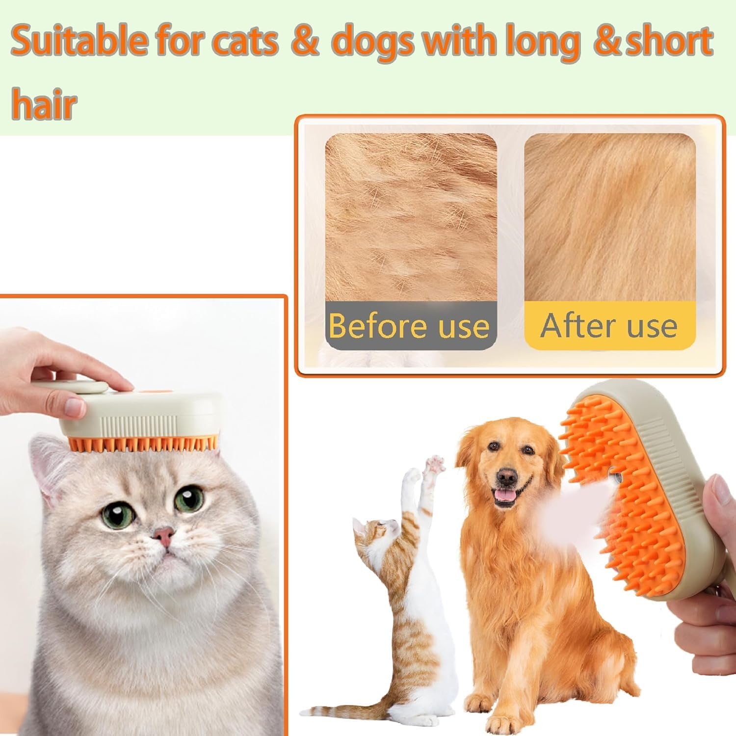 Cat Steam Brush for Shedding Dog Brush with Steam Pet Hair Cleaning Brush Comb for Spray 3 in 1 Pet Grooming for Long & Short Haired Pets – Spritz Defur Comb for Cats(Orange) - Image 5