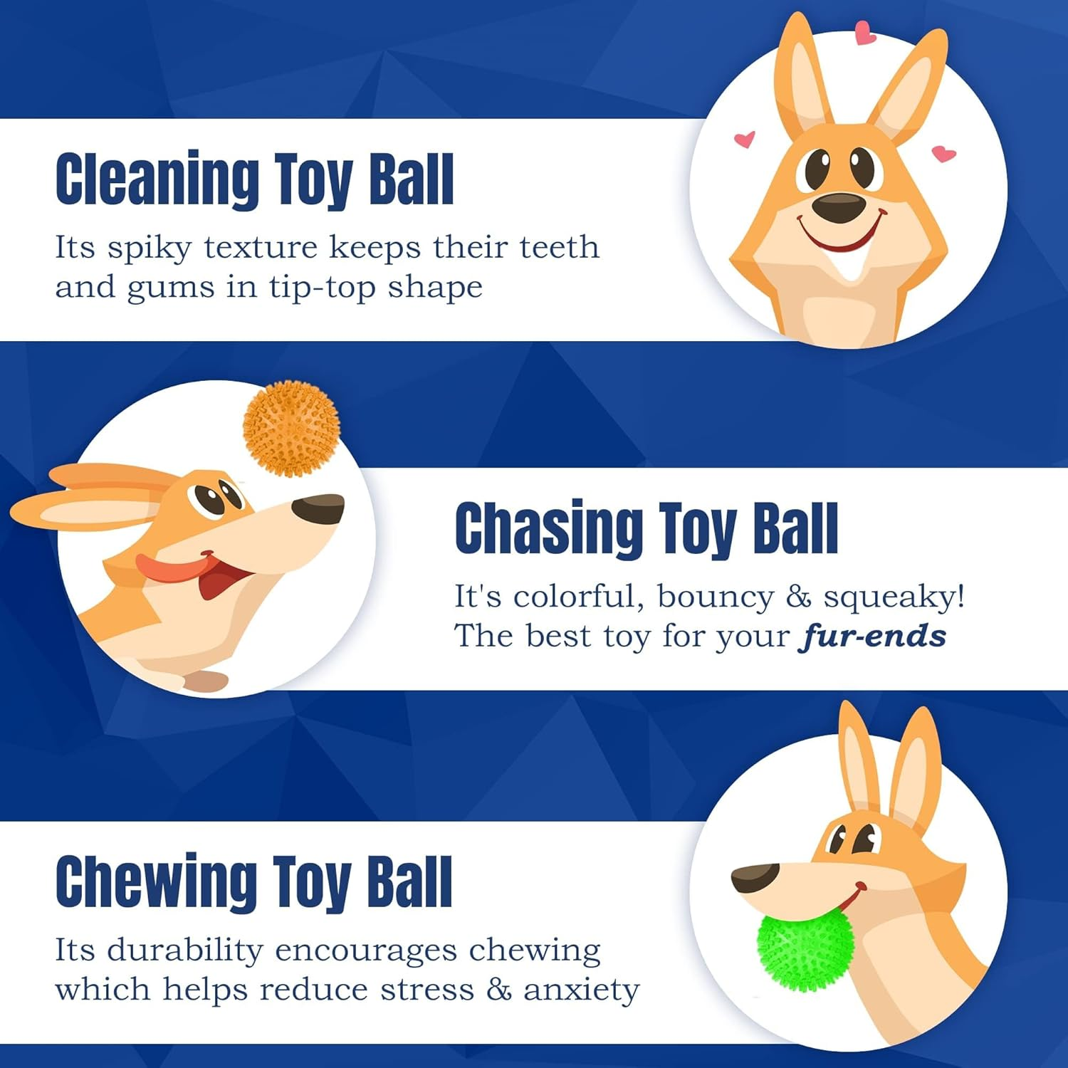 Cocoo 3-Pack Squeaky Dog & Ferret Ball Toys, 2.3", Massage Teeth and Gums, Spikey Cat Rubber Balls, Toss Fetch Squeeky Doggy Balls for Multi-Pet Homes - Image 4