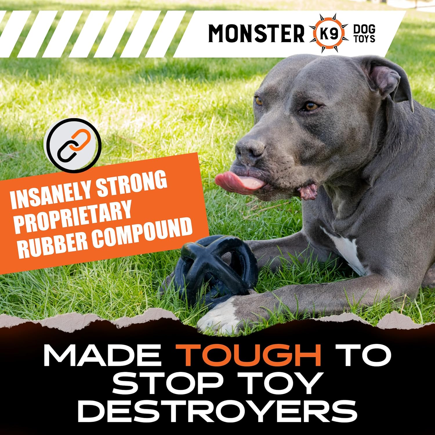 Monster K9 Indestructible Dog Ball – Lifetime Replacemnet - Durable Dog Toy for Aggressive Chewers - Safe, Non-Toxic Natural Rubber - Chew, Tug & Fetch - Tough, Heavy Duty - 5.5” (2X Tennis Ball Size) - Image 3
