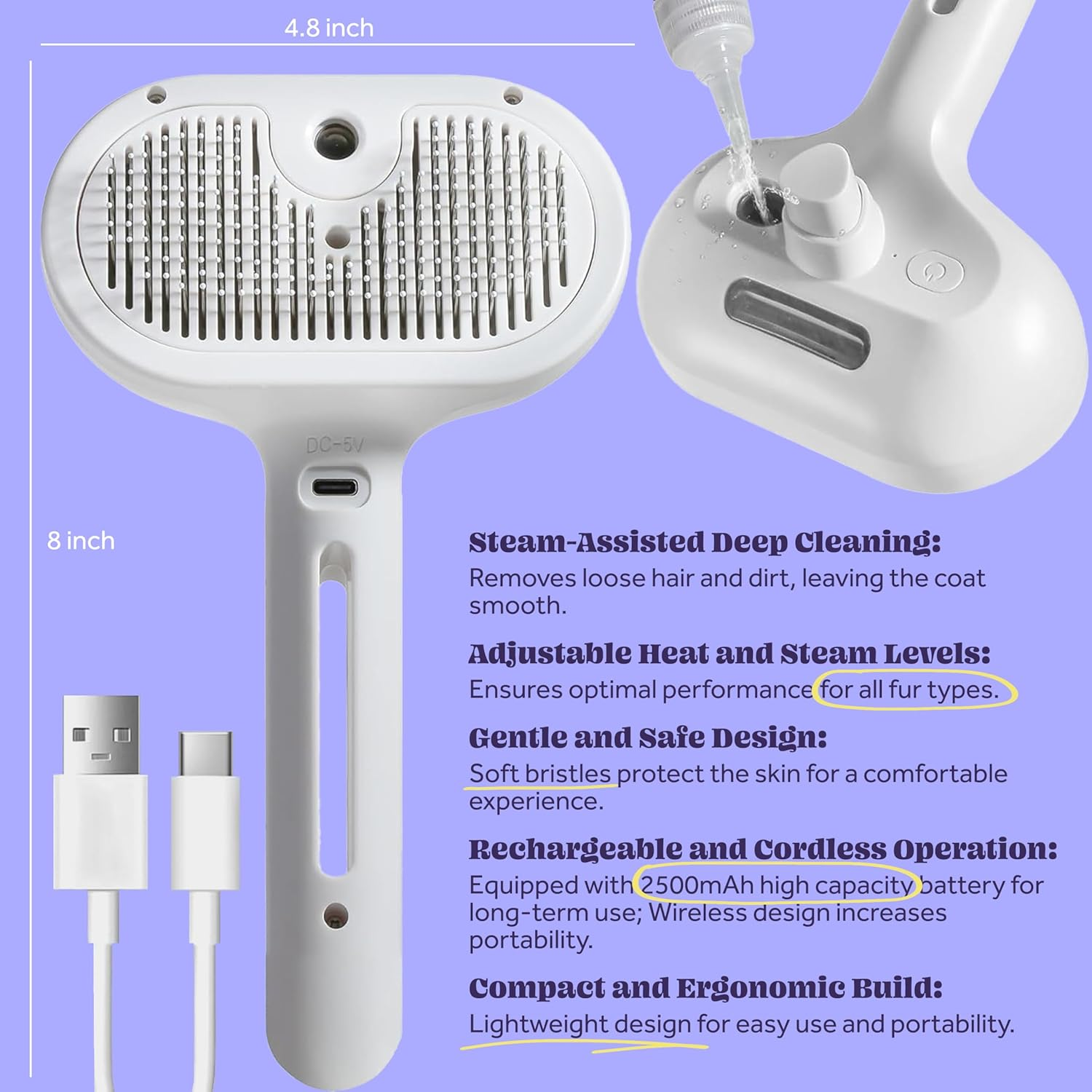 Cat Steam Brush, 3 in 1 Pet Hair Removal Tool, Self Cleaning Steamy Cat Brush for Massage, Dog Brush for Shedding, Cat&Dog Hair Remover - Image 3