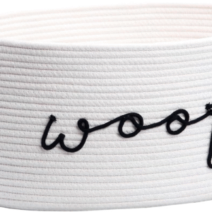 Woof Dog Toy Basket Woven Pet Baskets Storage Bin Box with Durable Handles, Pet Supplies Puppy Bins Perfect for Organizing Dog Toys Blankets and Accessories