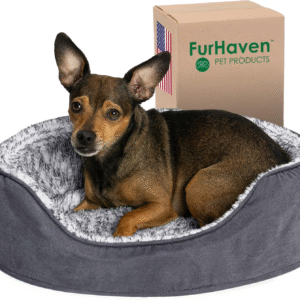 Dog Bed for Small Dogs W/ Removable Washable Cover & Pillow Cushion Insert, for Dogs up to 12 Lbs - Two-Tone Faux Fur & Suede Oval Lounger - Gray, Small