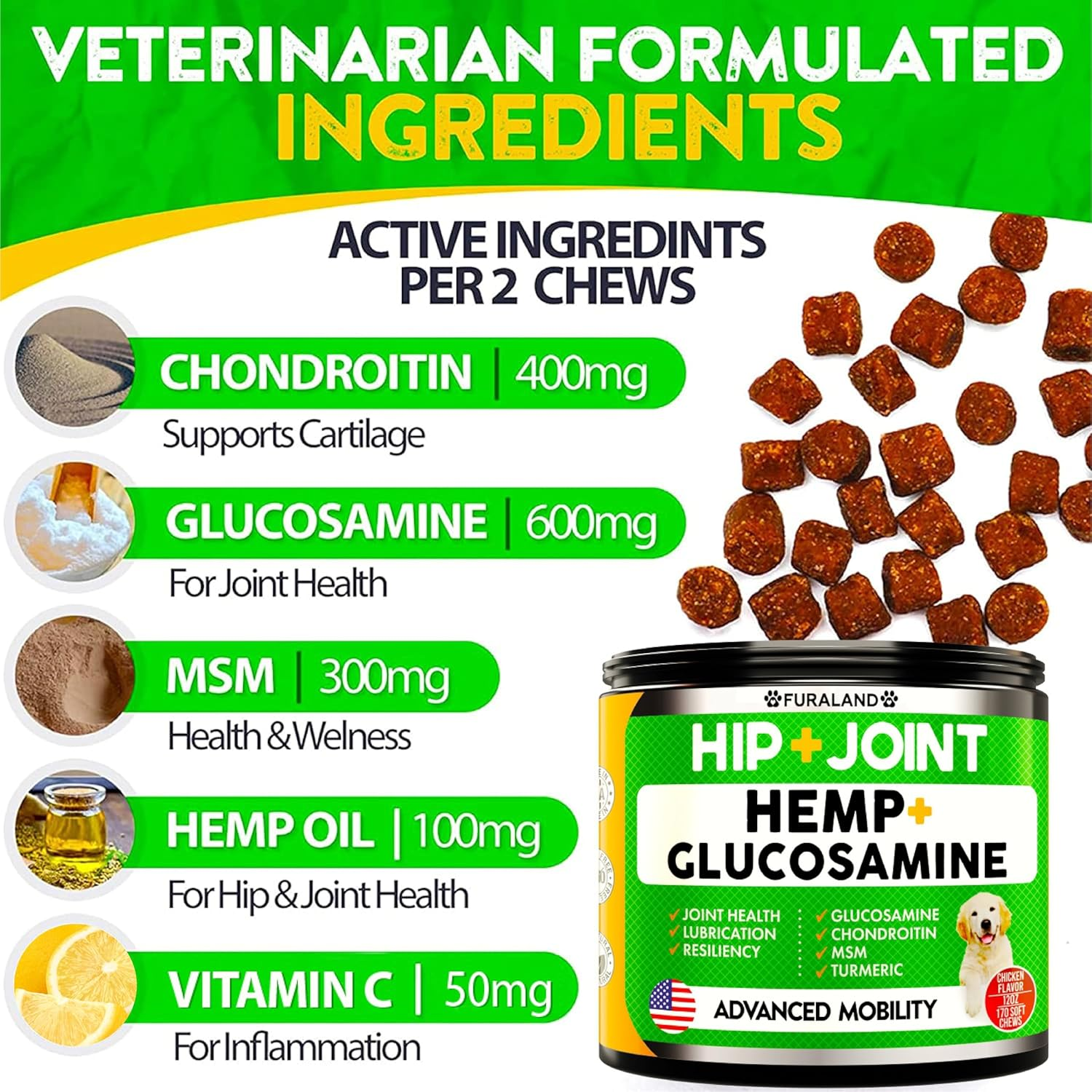 Hemp Hip and Joint Supplement for Dogs - Glucosamine for Dogs - 170 Dog Joint Pain Relief Treats - Chondroitin, Hemp Oil, MSM - Mobility & Flexibility Support - Advanced Care Health - Made in USA - Image 3
