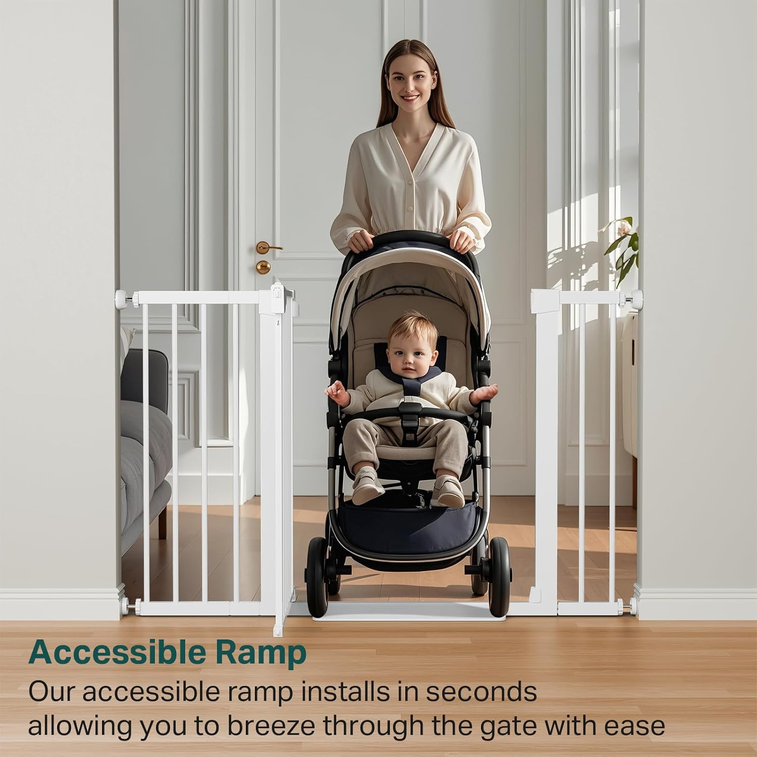 29.7-48" Baby Gate for Stairs, Mom'S Choice Awards Winner-Dog Gates for Doorways, Auto Close Safety Pet Gate for Dogs Indoor, Easy Install Pressure Mounted Child Gate with Walk Thru Door, White - Image 8