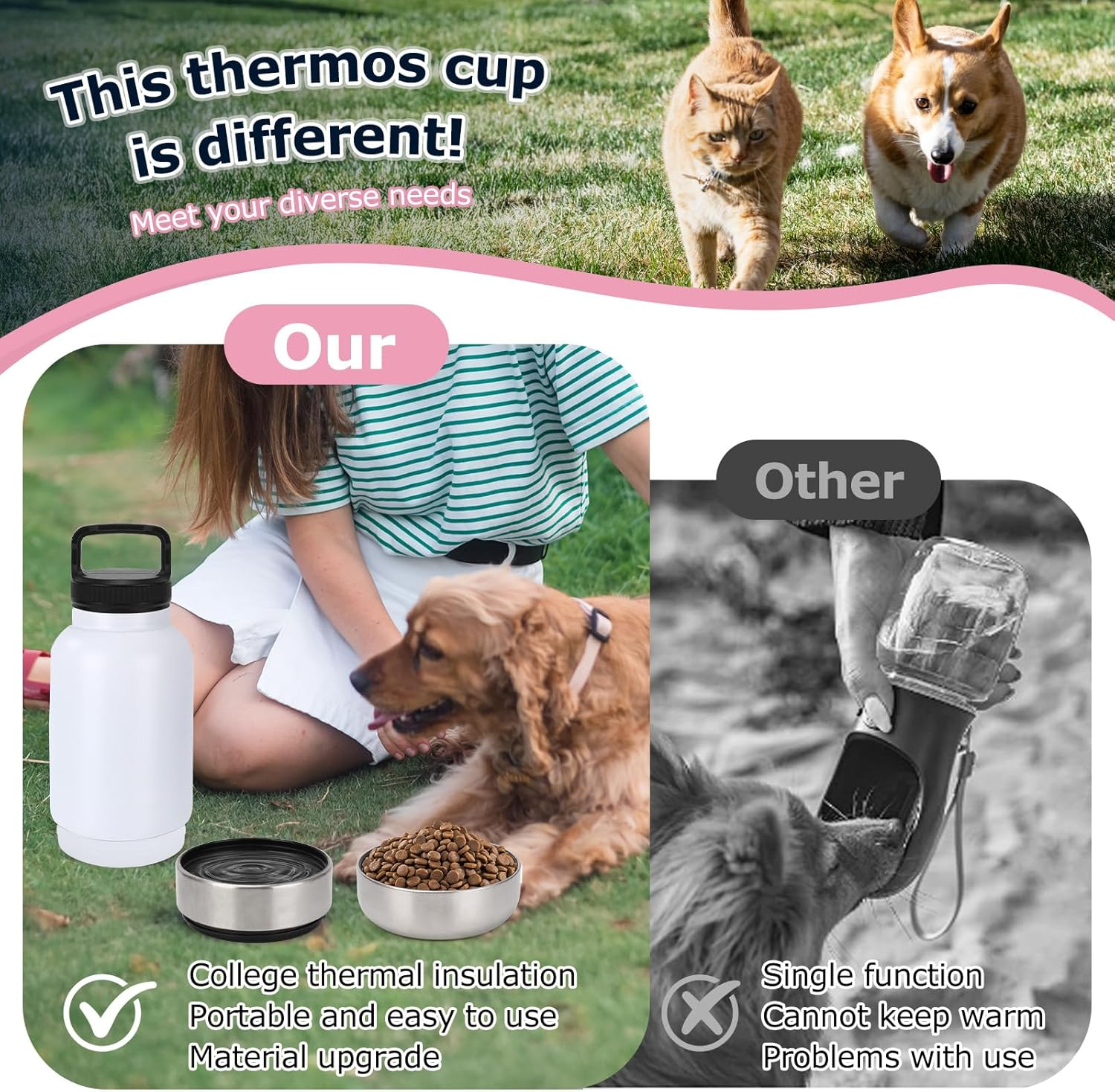 Dog Travel Water Bottle, 3 in 1 Stainless Steel Insulated Dog Water Bottle for Dogs, Portable Travel Dispenser with 2 Removable Bowls for Walking, Hiking, Camping, Outdoor (White, 32OZ) - Image 5