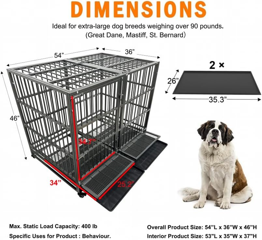 54/48/42/38 Inch Heavy Duty Indestructible and Escape-Proof Dog Crate Cage Kennel for Large Dogs, High Anxiety Dog Crate with Removable Wire Trays and Wheels, Extra Large XL XXL - Image 6