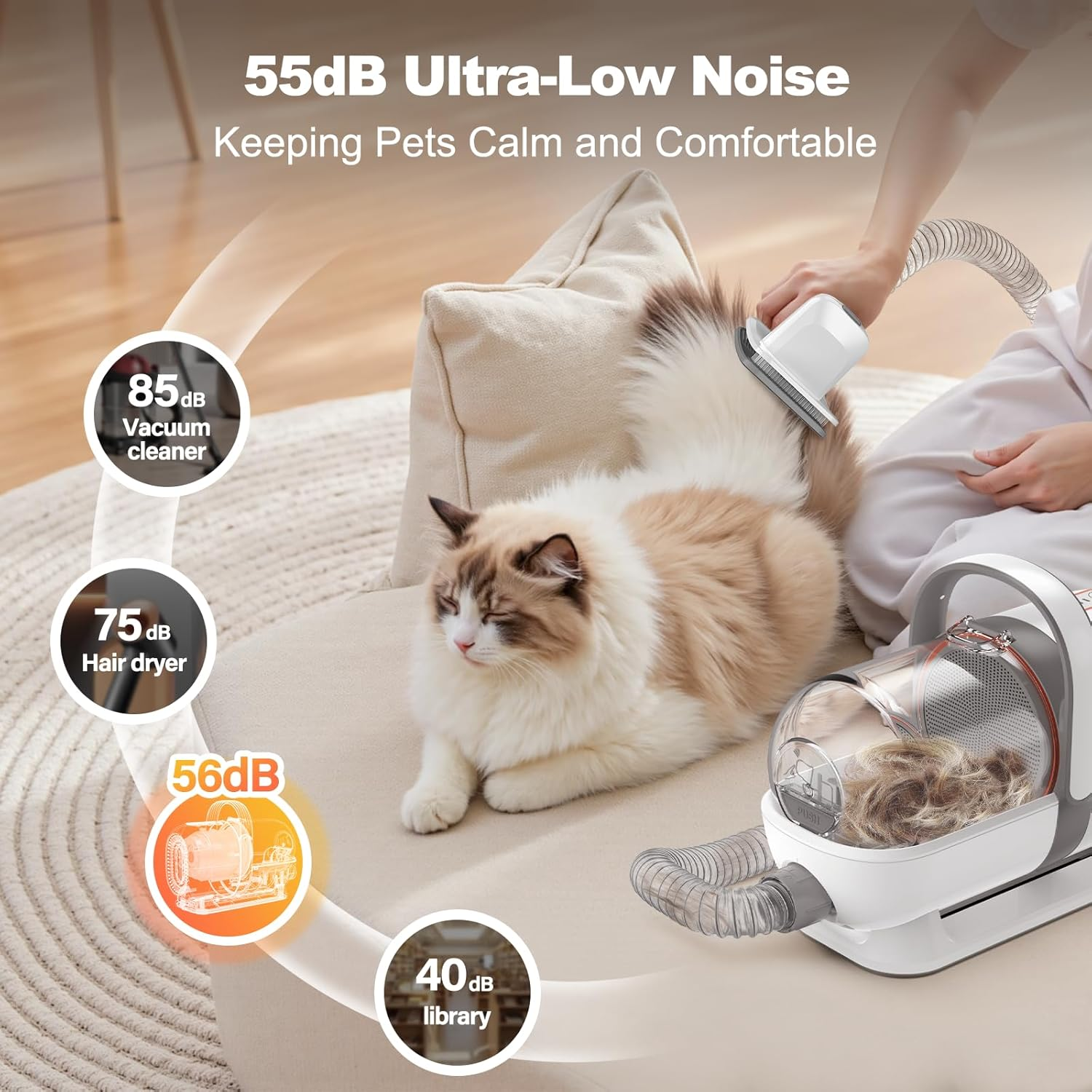 6-In-1 Dog Grooming Kit, Pet Grooming Vacuum for Shedding, Dog Hair Vacuum with Clipper Nail Trimmer Grinder, Pet Brush Groomer at Home, Low Noise Cats Hair Remover, 1.5L Dust Cup, White - Image 5