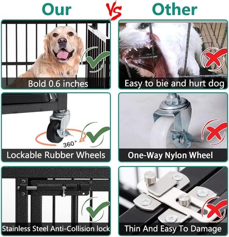 48/38 Inch Heavy Duty Dog Crate Cage Kennel with Wheels, High Anxiety Indestructible, Sturdy Locks Design, Double Door and Removable Tray, Extra Large XL XXL - Image 5