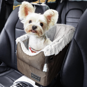Center Console Dog Car Seat with Safe Protection Hooks, Pet Car Seat with Upgraded Safety Tethers, Washable Cushion, Console Dog Car Seats for Small Dogs (Coffee)