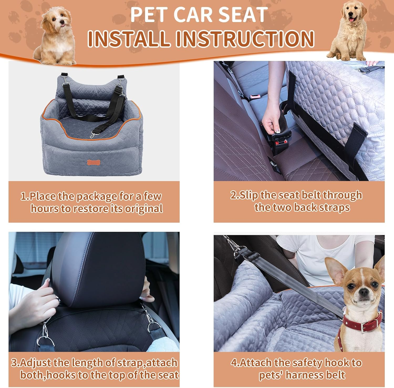 Dog Car Seat - Memory Foam Dog Booster Seat for Small Dogs up to 25Lbs-Elevated Pet Car Seat with Storage Pockets and Dog Seat Belt-Soft Pet Travel Bed for Front & Back Seats-Removable Washable-Grey - Image 5