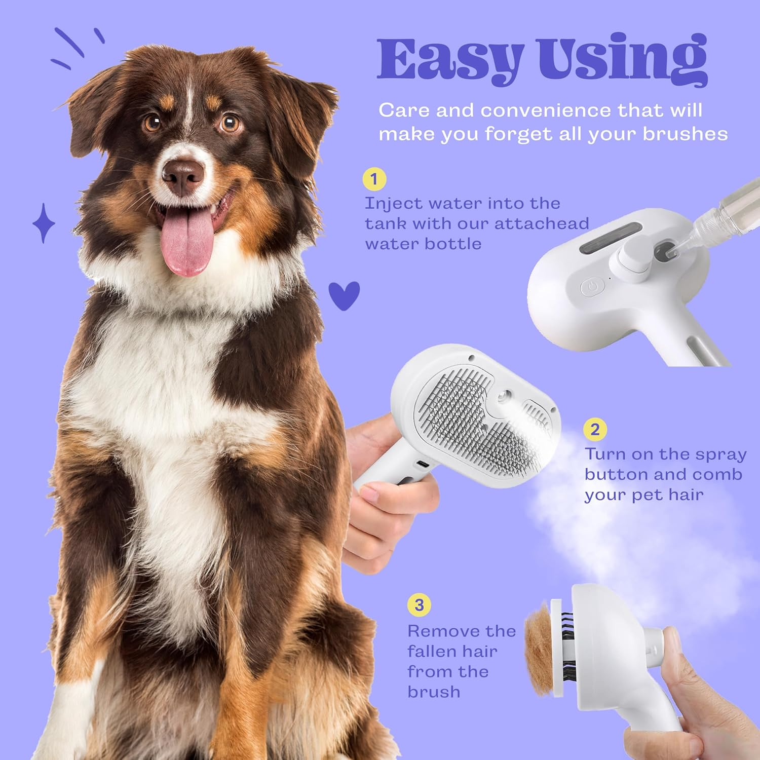 Cat Steam Brush, 3 in 1 Pet Hair Removal Tool, Self Cleaning Steamy Cat Brush for Massage, Dog Brush for Shedding, Cat&Dog Hair Remover - Image 7