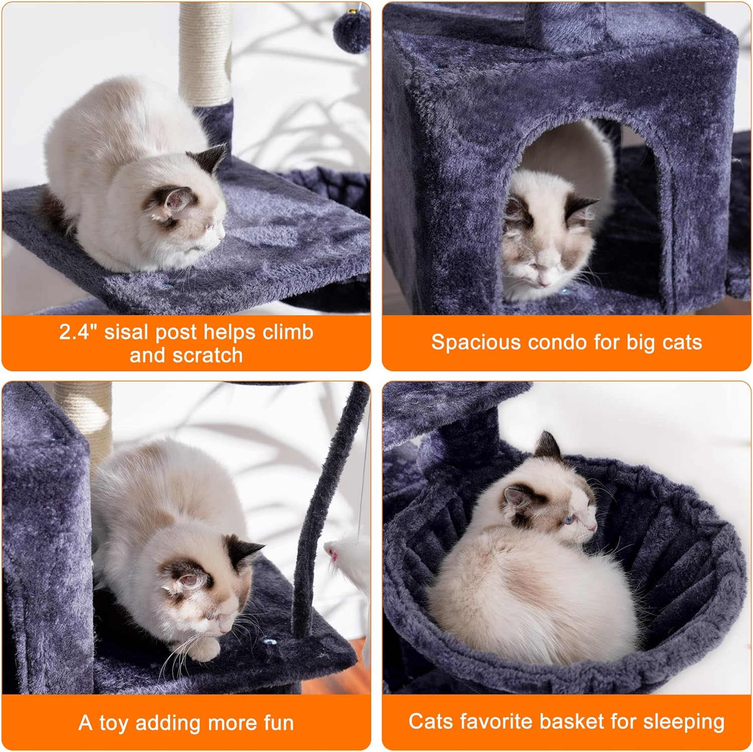 Cat Tree with Toy, Cat Tower Condo for Indoor Cats, Cat House with Padded Plush Perch, Cozy Hammock and Sisal Scratching Posts, Smoky Gray HCT004G - Image 4