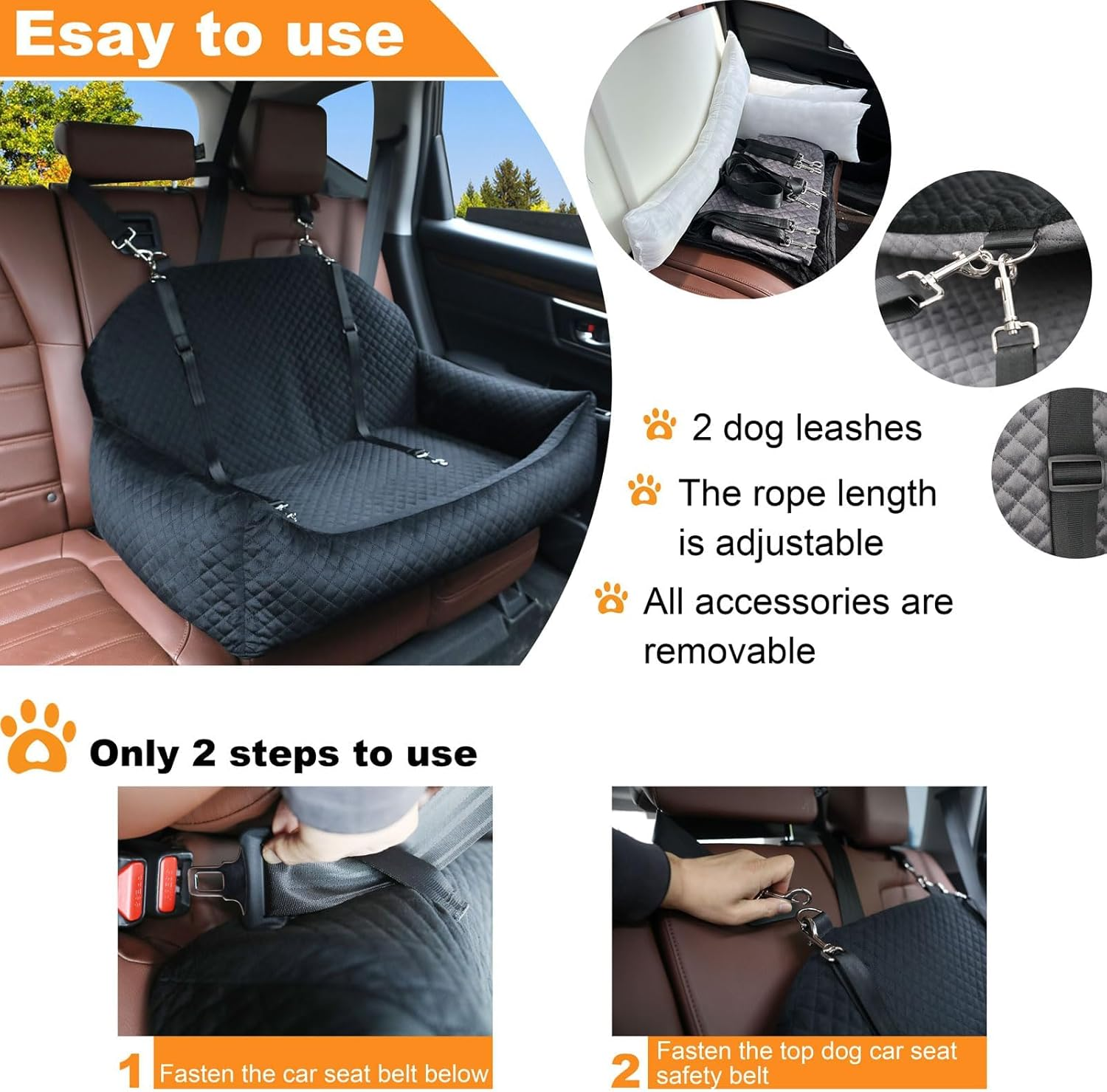 Large Dog Car Seat,Dog Car Bed for Large & Medium & 2 Small Dogs,Pet Booster Seats for Travel Safety,Soft Fabric and Non-Slip Base,Can Be Disassembled and Easy to Clean(Black) - Image 4