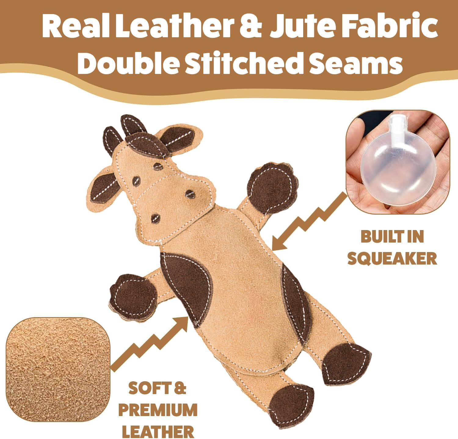 Dura-Fused Leather Barnyard Animals - Stuffed Dog Toy with Squeaker, Real Leather & Jute Fabric, for Light to Moderate Chewers, Great for Adult Dogs and Puppies - 11In, Assorted Styles, 1 Piece - Image 3