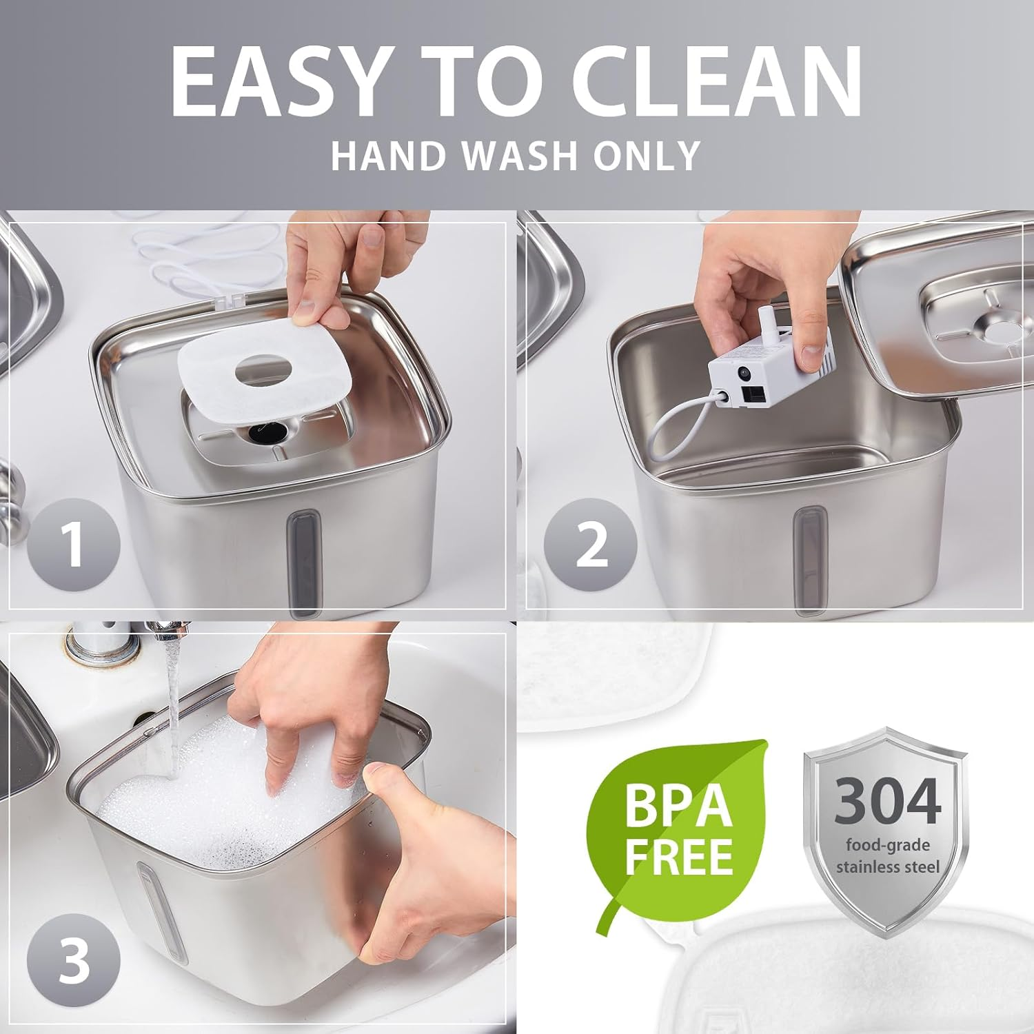 Innovation Award Winner Stainless Steel Cat Water Fountain, 95Oz/2.8L Automatic Pet Fountain Dog Water Dispenser with Replacement Filters & Silicone Mat for Cats, Dogs, Multiple Pets (Silver) - Image 2