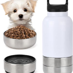 Dog Travel Water Bottle, 3 in 1 Stainless Steel Insulated Dog Water Bottle for Dogs, Portable Travel Dispenser with 2 Removable Bowls for Walking, Hiking, Camping, Outdoor (White, 32OZ)