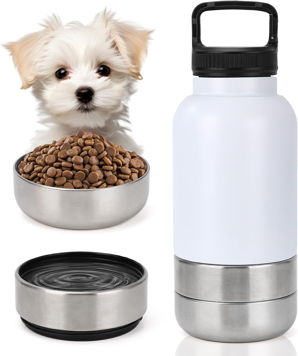Dog Travel Water Bottle, 3 in 1 Stainless Steel Insulated Dog Water Bottle for Dogs, Portable Travel Dispenser with 2 Removable Bowls for Walking, Hiking, Camping, Outdoor (White, 32OZ)
