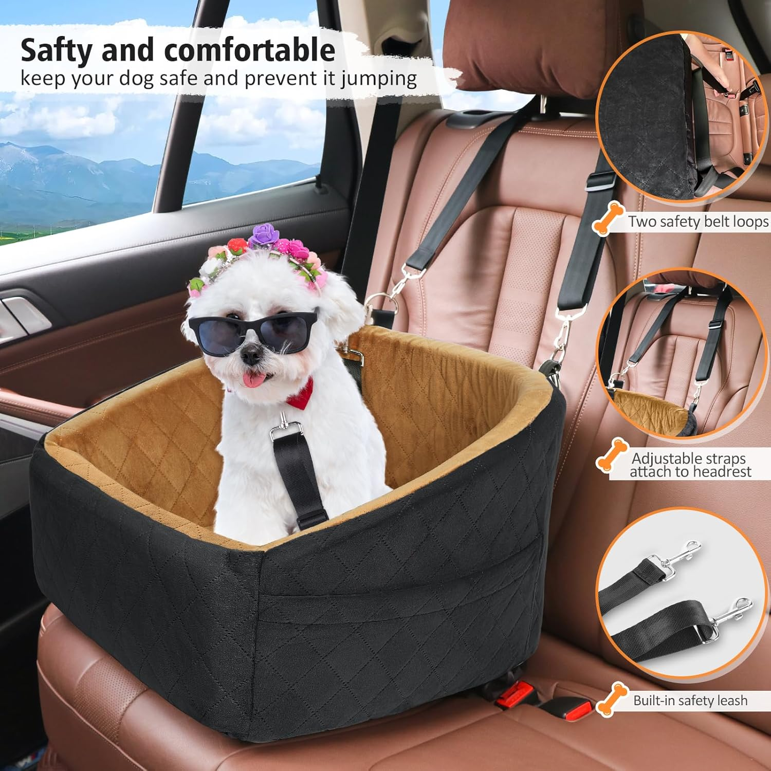 Dog Car Seat for Small Medium Dogs,Detachable Washable Dog Booster Seat under 30Lbs, Pet Car Seat Travel Bed with Storage Pockets and Dog Safety Belt(Black/Brown) - Image 3