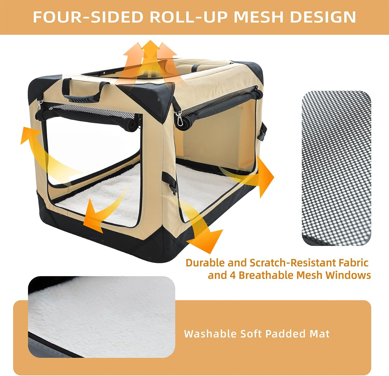 36 Inch Collapsible Dog Crate for Large Dogs, 4-Door Foldable Soft Dog Kennel with Chew Proof Mesh Windows, Indoor & Outdoor Travel Dog Crate, Beige - Image 3